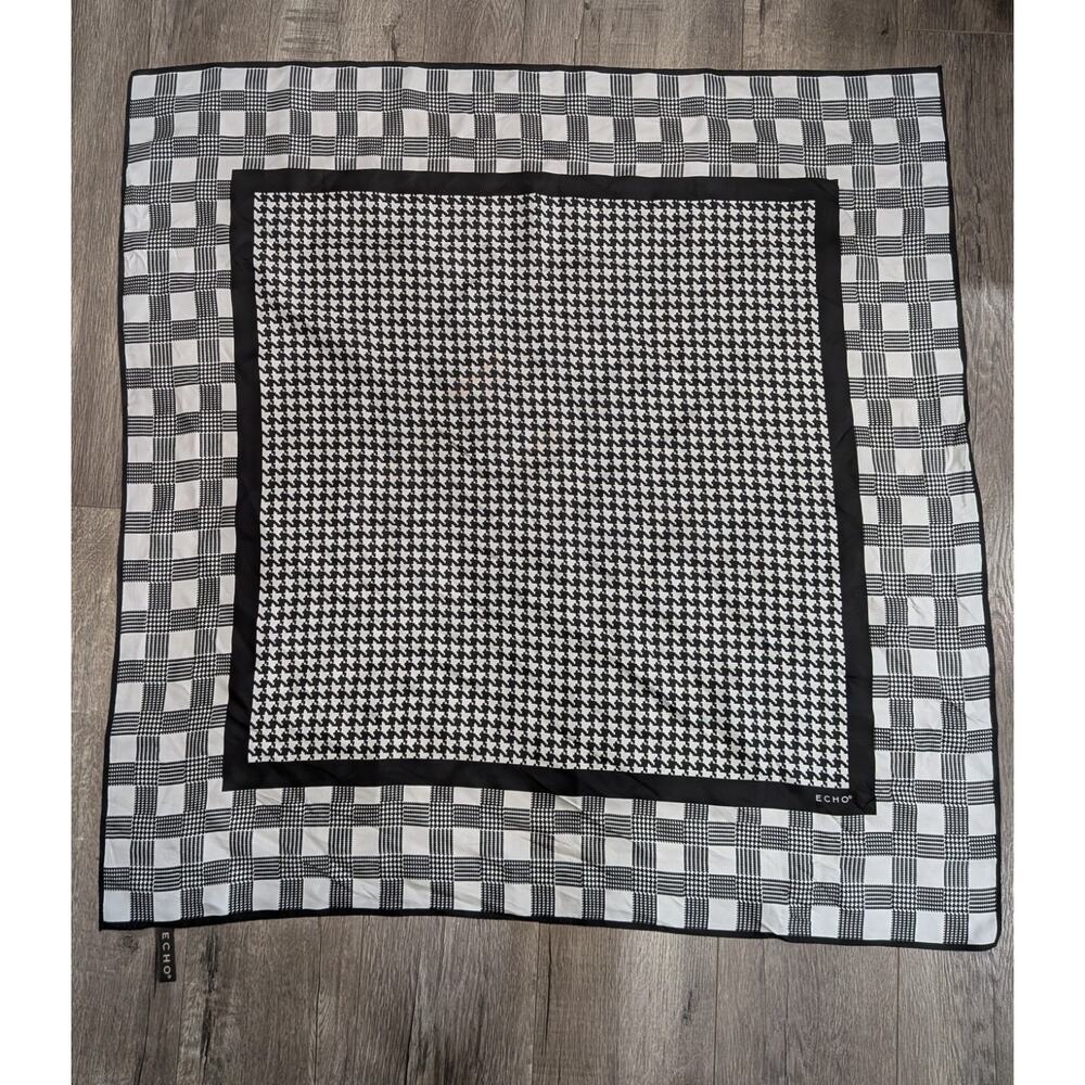 Vintage Rodeo Festival Hair Scarf ECHO 100% Silk Square Black White Houndstooth